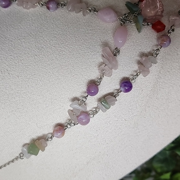 Silver Natural Stone Pink Quartz Glass Acrylic Bead Necklace Earrings Set - Picture 4 of 11